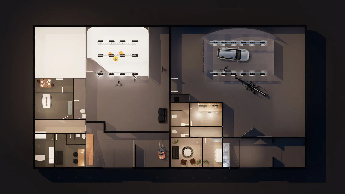 Set ovenfra: Studie 2s LED-scene med resten af faciliteten
